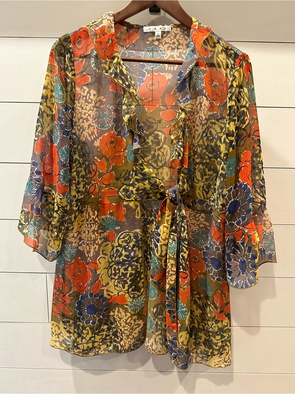 CAbi Sheer Floral Tie-Waist Kimono in Orange, Yellow, Blue, Green- size Large